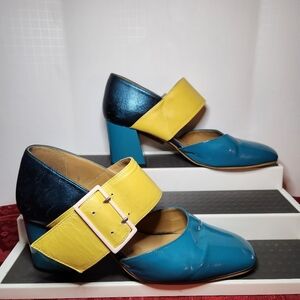 JOHN FLUEVOG Hermine Teal/Yellow Mary Janes Size 10.5